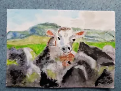 Buy Original Watercolour Painting,aceo,Cow Looking Over Wall, By Chris Clarke • 4.95£