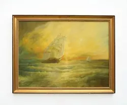 Buy Large Seascape Sunset Oil Painting Sailing Ships Framed Vintage, R. Marshall • 190£