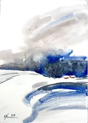 Buy Original Watercolor Painting  Landscape Winter Forest Snow Field River Christmas • 28.59£