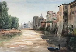 Buy Original C19th Antique Watercolour Painting, Italian River & Buildings Landscape • 53£