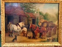 Buy Large Antique (1902) Oil Painting On Canvas Horseshoe Lumber Wagon Signed Framed • 165£