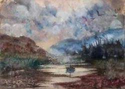 Buy ACEO Original Painting Landscape Art Storm Lake Boats Boat Hills Watercolour • 5.50£