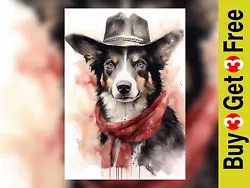 Buy Black And White Dog Cowboy Companion Watercolor Painting Print - Whimsical  5x7 • 4.99£