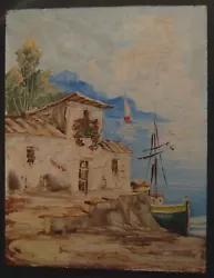 Buy Vintage Miniature Mediterranean Oil On Board. Coastal Scene, Boat, Sea, Villa • 0.99£