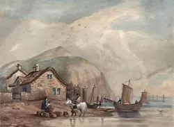Buy FISHING COASTAL VILLAGE SCENE Small Watercolour Painting - 19TH CENTURY • 50£
