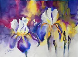 Buy Watercolor Original  Iris Modern  RAINBOW ART 24x32 Flower Paintings • 43.37£