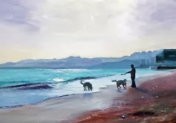 Buy Art Painting Print, Seascape, Swanage Bay, View Of Pier, Dorset, Dogs , On Beach • 6.99£