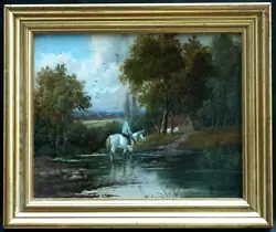 Buy ETTY HORTON Fl 1882-1905 HORSE & RIDER CROSSING FORD SIGNED Antique Oil Painting • 102£