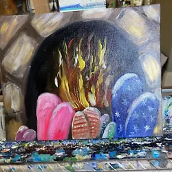 Buy 8/10 Inches Original Painted On Canvas,abstract,winter,fireplace,family • 20.39£